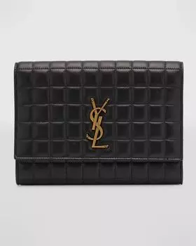 Клатч YSL с клапаном и монограммой из стеганой гладкой кожи Saint Laurent, цвет Nero
