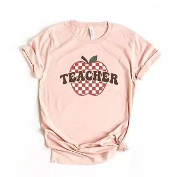 Клетчатая футболка с рисунком «Яблоко» с короткими рукавами и рисунком «Учитель» Simply Sage Market, цвет Blush