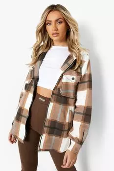 Клетчатая куртка на молнии с капюшоном boohoo, коричневый