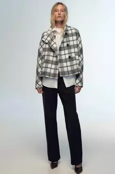 Клетчатая куртка с высоким воротом ZARA, серый/натуральный