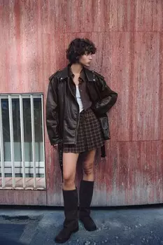 Клетчатая плиссированная мини-юбка ZARA, темно-коричневый