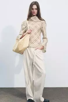 Клетчатая рубашка из смешанного льна коллекция zw ZARA, бежевый