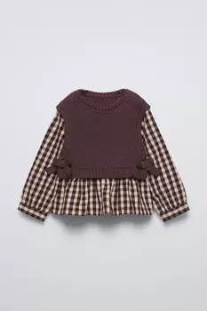 Клетчатая рубашка комбинированный трикотажный жилет ZARA, цвет chocolate