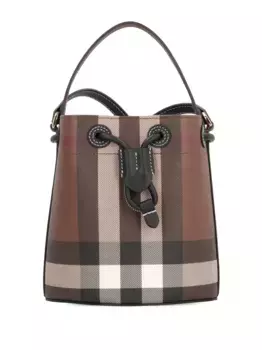 Клетчатая сумка-ведро размера мини с кулиской BURBERRY, коричневый