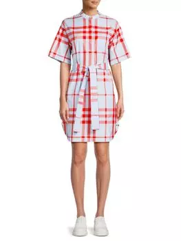Клетчатое мини-платье-рубашка с поясом Burberry, цвет Bright Red