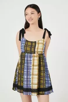Клетчатое мини-платье с завязками на завязках Forever 21, синий