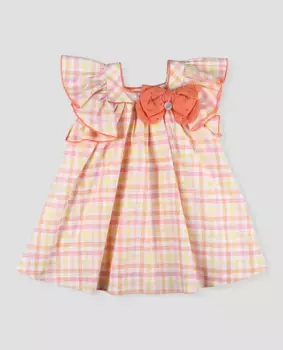 Клетчатое платье для девочки с декоративным бантом Foque, оранжевый