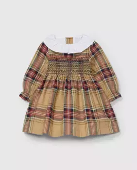 Клетчатое платье для девочки со сборками и воротником с рюшами Laranjinha, коричневый