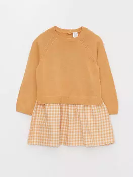 Клетчатое платье для маленьких девочек с круглым вырезом LCW baby, бежевый