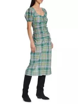 Клетчатое платье миди с пышными рукавами Ganni, цвет Lagoon
