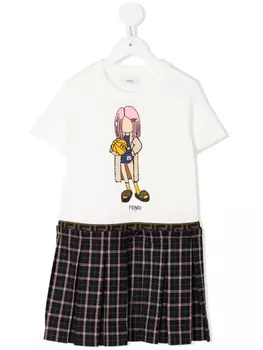 Клетчатое платье с принтом Fendi Kids, белый