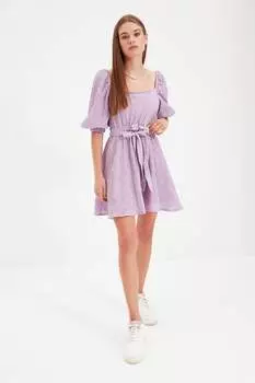 Клетчатое платье с рукавами-фонариками Trendyol, фиолетовый