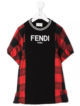 Клетчатое платье с вышитым логотипом Fendi Kids, черный