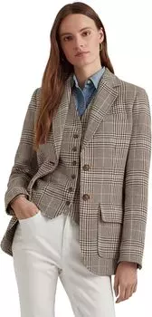 Клетчатый льняно-хлопковый твидовый блейзер LAUREN Ralph Lauren, цвет Brown/Cream Multi