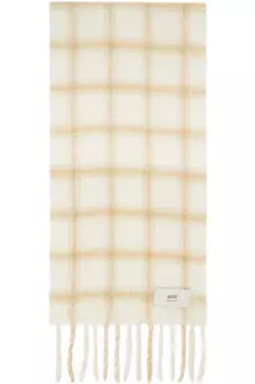 Клетчатый шарф с лейблом цвета «бежевый с оттенком» AMI Paris