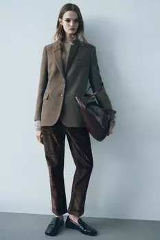 Клетчатый шерстяной пиджак ZARA, коричневый