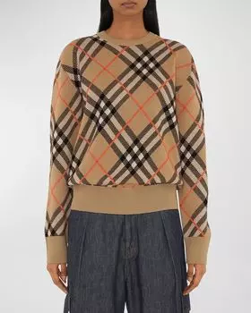 Клетчатый свитер с круглым вырезом и длинными рукавами Burberry, цвет Sand Ip Check
