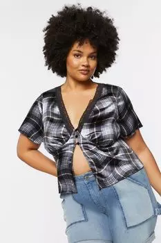 Клетчатый топ больших размеров с разрезом спереди Forever 21, черный