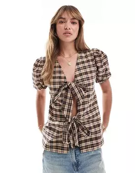 Клетчатый топ с завязками и объемными рукавами ASOS DESIGN