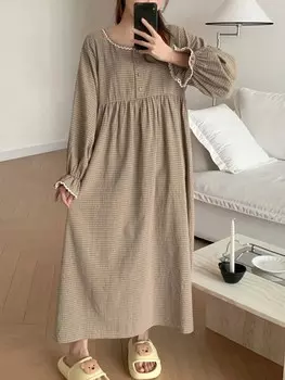 Клетчатый узор, круглый вырез, рукава с рюшами, одежда для дома, платье Dazy, хаки