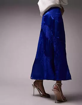 Кобальтовая кружевная атласная юбка миди премиум-класса Topshop