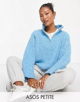 Кобальтово-синий джемпер с воротником на молнии из пушистой пряжи ASOS DESIGN Petite