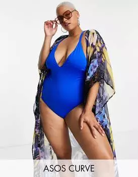 Кобальтово-синий купальник ASOS DESIGN Curve с Т-образной спиной