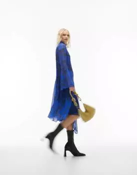 Кобальтовое асимметричное платье миди со швами в клетку и цветочным принтом Topshop