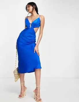 Кобальтовое атласное платье миди с бретельками и открытой спиной ASOS DESIGN