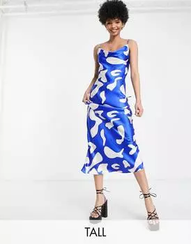 Кобальтовое платье-комбинация макси с абстрактным принтом Topshop Tall