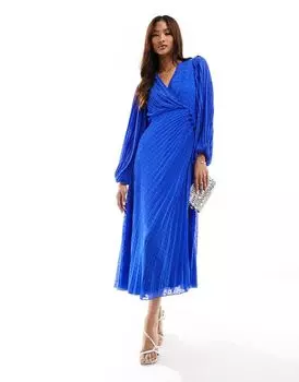Кобальтовое платье макси с пуговицами и запахом из фактурного шифона ASOS DESIGN