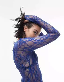 Кобальтовый кружевной топ с длинными рукавами Topshop