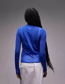 Кобальтовый однотонный сетчатый топ с высоким воротником и длинными рукавами Topshop