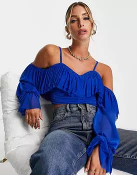 Кобальтовый топ с открытыми плечами и оборками ASOS DESIGN