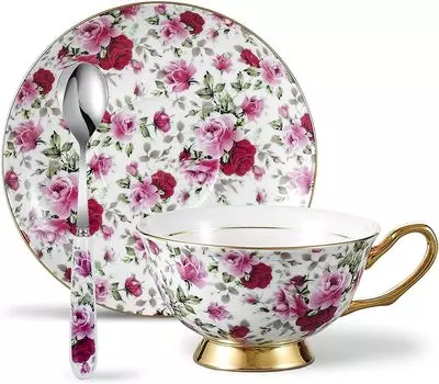 Кофейный набор Панбадо из костяного фарфора премиум-класса, в каждый входит кофейная чашка объемом 200 мл, блюдце, ложка, цветочный декор Panbado