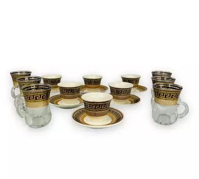 Кофейный сервиз из 18 предметов, чайный сервиз на 6 персон, чашки для эспрессо Medusa Meander Gold, чашки для мокко и стаканы для чая с блюдцем Luxury Pur 100 мл в подарочной упаковке Bavary, золото
