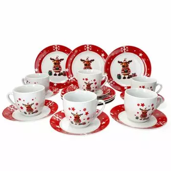 Кофейный сервиз Moose 18 шт. на 6 человек, белый, с рождественским украшением, забавный лось Van Well