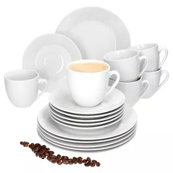 Кофейный сервиз Tommy из белого фарфора, 18 предметов, десертная тарелка на 6 персон MamboCat
