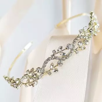 KOKONET, Золотая ажурная повязка на голову, Широкая, Привлекающая внимание, Блестящая, Веточки, Листья, Кристаллы