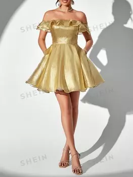 Коктейльное платье Belle, сверкающее, романтичное, с рюшами, с открытыми плечами Shein, шампанское