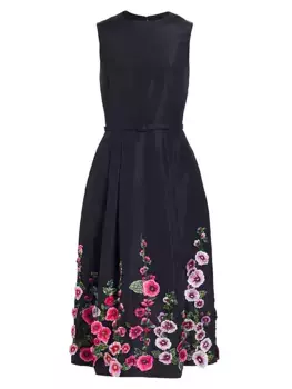 Коктейльное платье из фая с нитками Hollyhocks Oscar De La Renta, синий