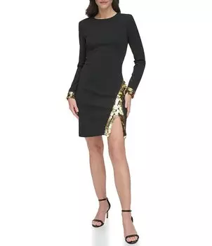Коктейльное платье из креповой вязки Vince Camuto с длинными рукавами и круглым вырезом, отделанным пайетками, черный