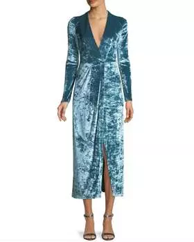 Коктейльное платье из мятого бархата с V-образным вырезом и имитацией запаха синего цвета Galvan London