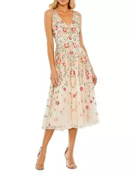 Коктейльное платье миди с цветочной вышивкой и V-образным вырезом Mac Duggal, белый