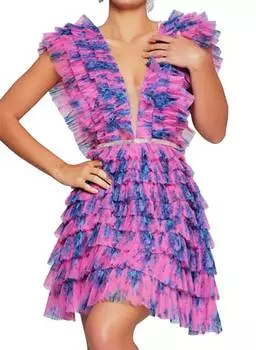 Коктейльное платье с глубоким вырезом и оборками в цвете фуксии JOVANI, цвет fuchsia print