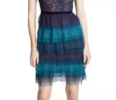 Коктейльное платье с короткими рукавами и оборками, синее Marchesa