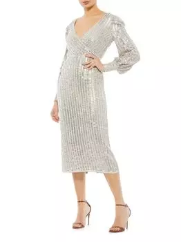 Коктейльное платье с рукавами епископа и пайетками Mac Duggal, серебряный