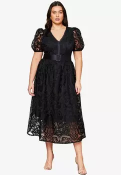 Коктейльное платье / Вечернее платье EMBROIDERED PUFF SLEEVE BELTED MIDI PLUS SIZE Lipsy, синий
