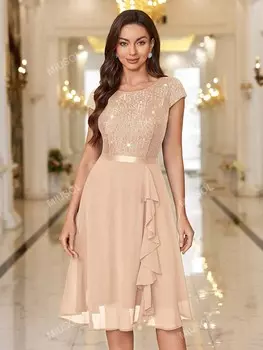 Коктейльное свободное платье, ткань шифон, кружевные рюши, пайетки Miusol, шампанское