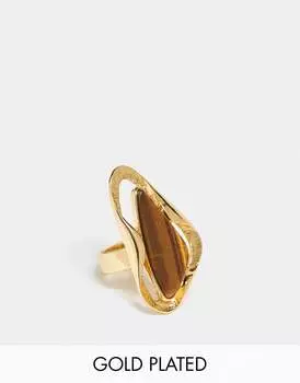 Кольцо ASOS DESIGN Limited Edition из 14-каратного золота с расплавленным рисунком и настоящим полудрагоценным камнем «тигровый глаз»